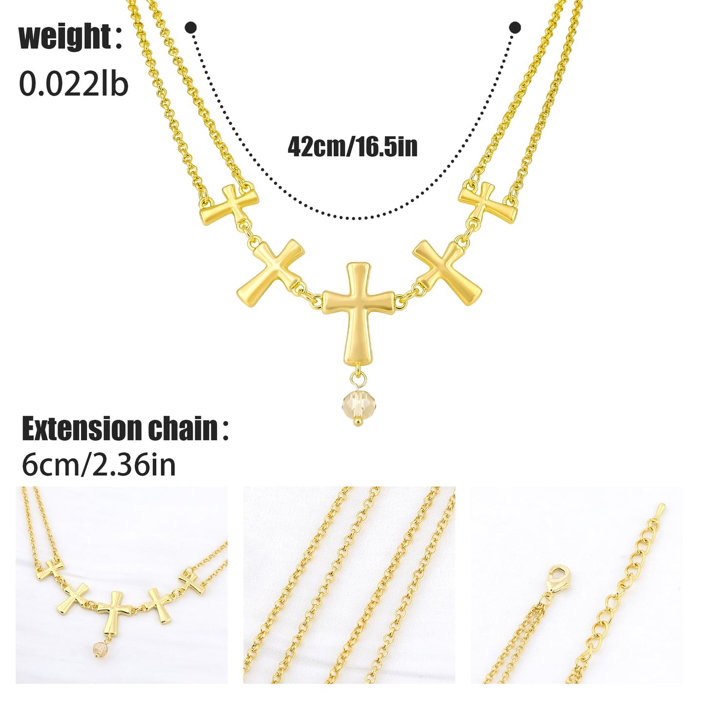 NEKOL Vintage Layered Gold Cross Charm Necklace for Women, Double Chain Faith Cross Pendant Necklace with Dangle Glass Beads Religion Jewelry Gifts for Women