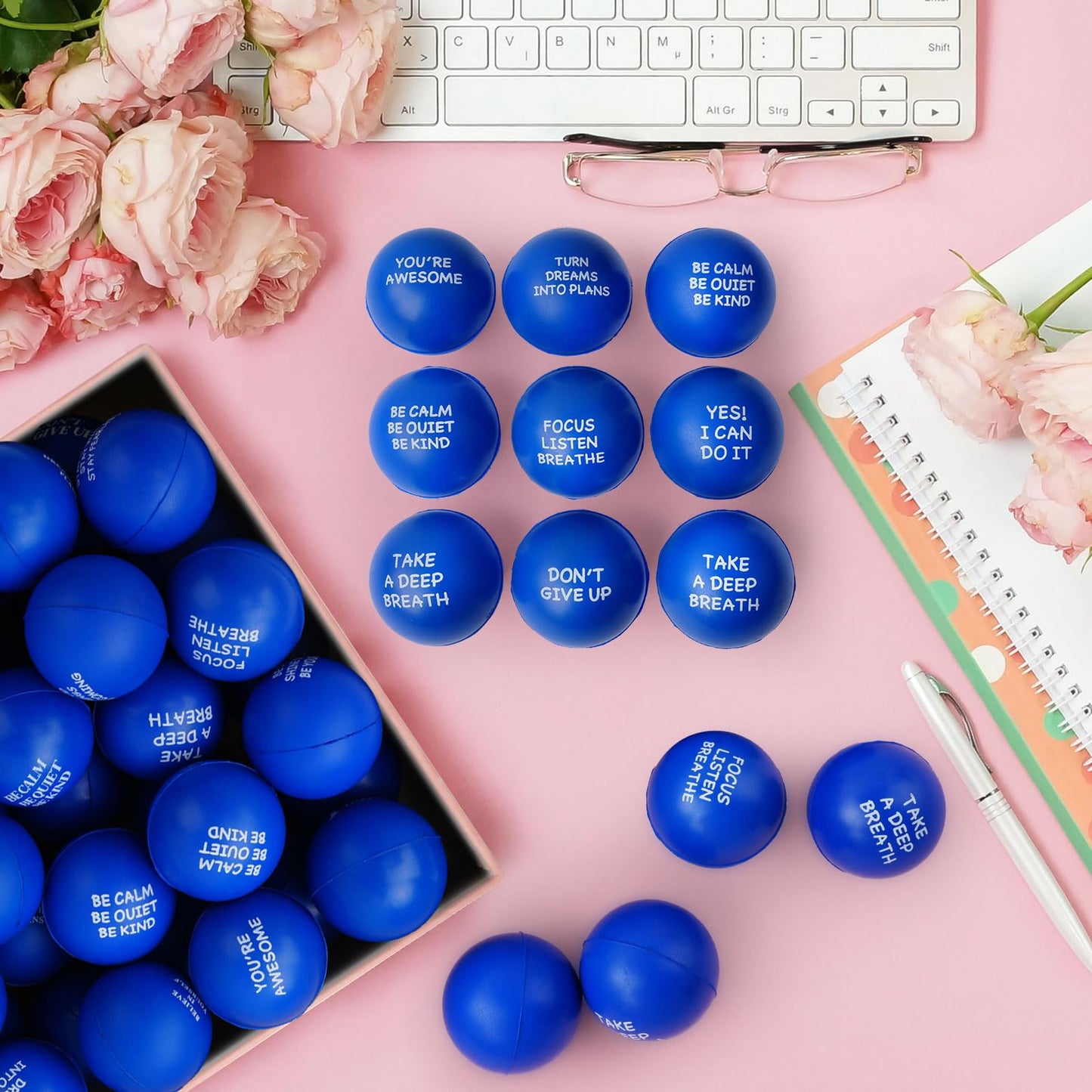 SHQDD 54PCS Stress Balls, Stress Balls for Adults, Soft Sponge Squeeze Toys with Inspirational Quotes, Office Classroom Stress Relief Gifts, Anxiety Relief Fidget Toys, Classroom Prizes, Student Gifts