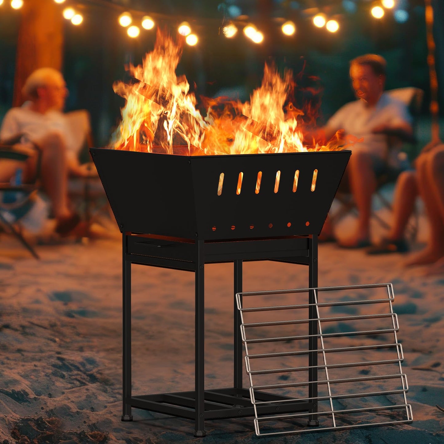 YBING Wood Burning Fire Pit for Outside - 24 Inch Outdoor Fire Pit with Grill, 2-in-1 Square Firepit with Ash Tray and Wood Storage for Camping, Backyard, Patio, Black