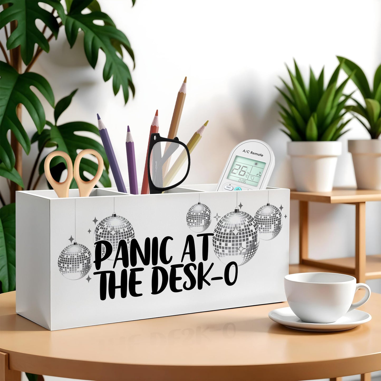 FITIE Funny Trendy Disco Ball Pencil Pen Holder for Desks, Panic at the Desk-O Mental Health Wooden Pencil Holder Organizer for Home Office Desk Accessories, Office Humor Gifts for Women