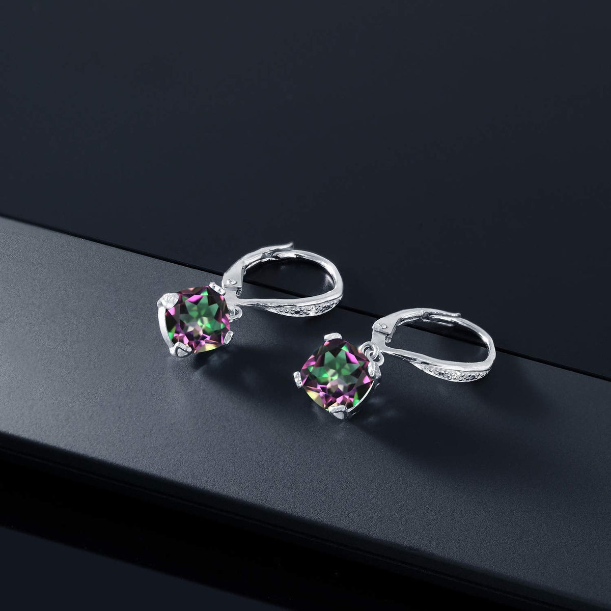 Gem Stone King Drop Dangle Earrings For Women | 7MM Cushion Cut Gemstone Birthstone and Diamond | 925 Sterling Silver | Jewelry Gift for Mom Wife Her | Green Mystic Topaz | Sterling Silver
