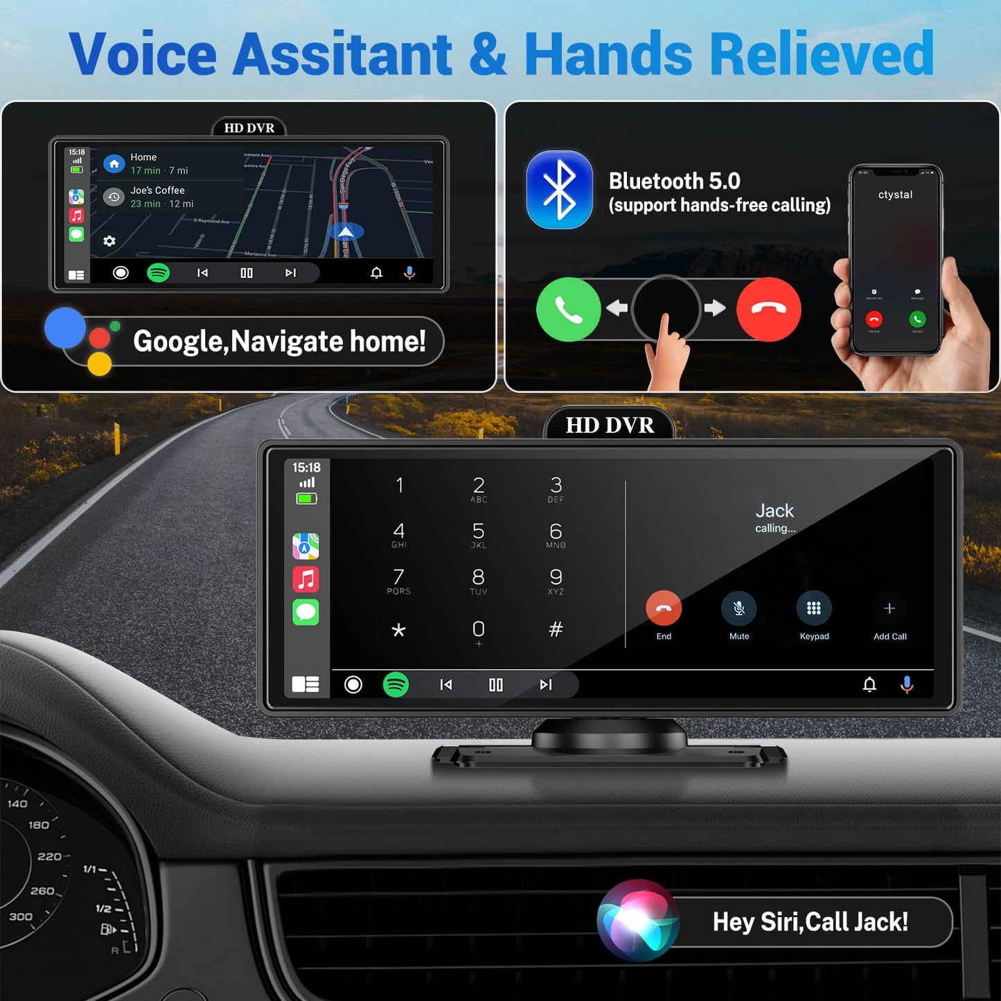 Wireless Apple Carplay Screen for Car with 4K Dash Cam, 10.26" Portable Apple Carplay & Android Auto, HD Touchscren with 1080p Backup Camera, Voice Control/Mirror Link/GPS Navigation/BT/FM