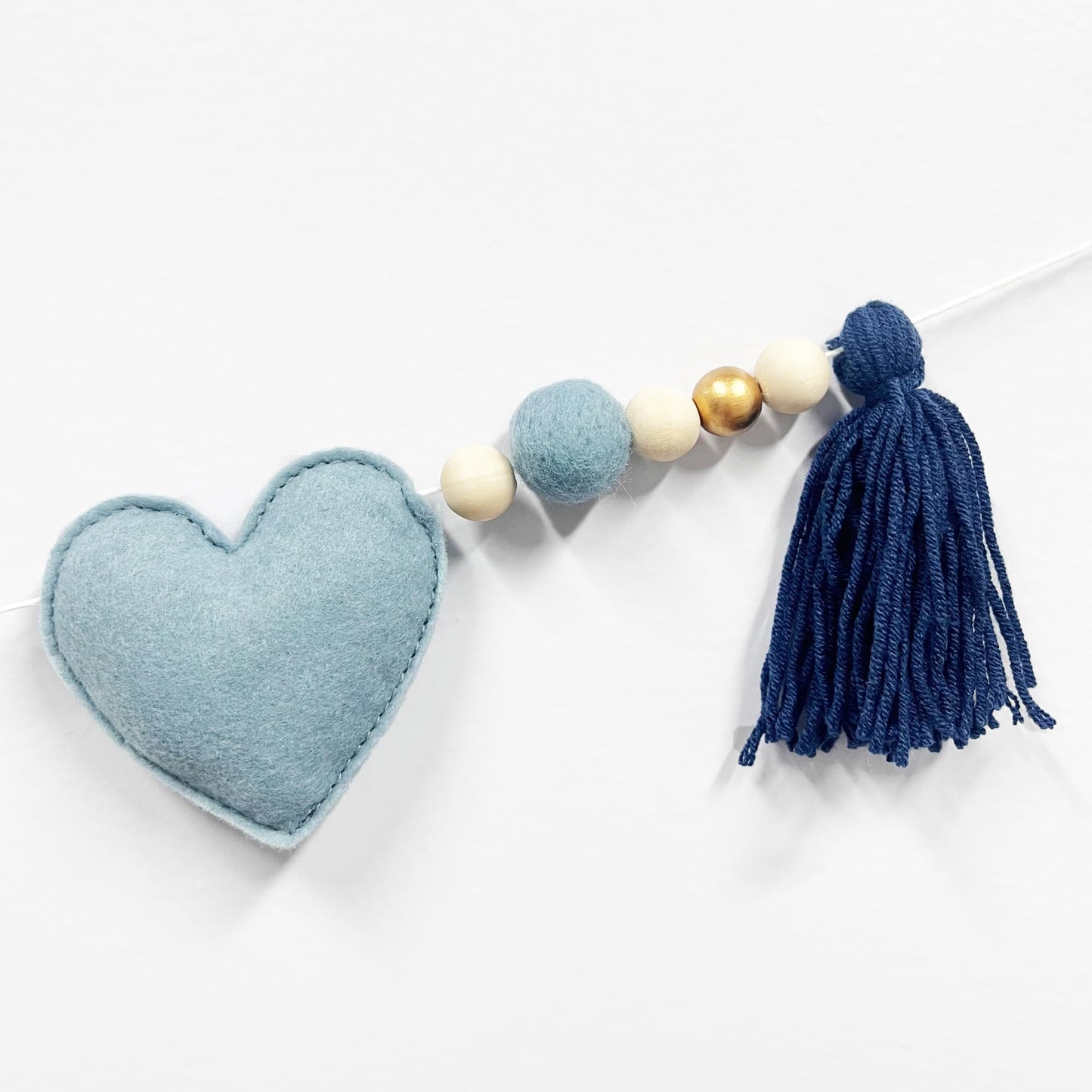 Dusty Blue Gold Heart Decorations Handmade Pre-Strung Felt Heart Banner Wool Felt Ball Wooden Bead Garland for Birthday Baby Shower Anniversary Valentines Day Nursery Classroom Fireplace Home Decor