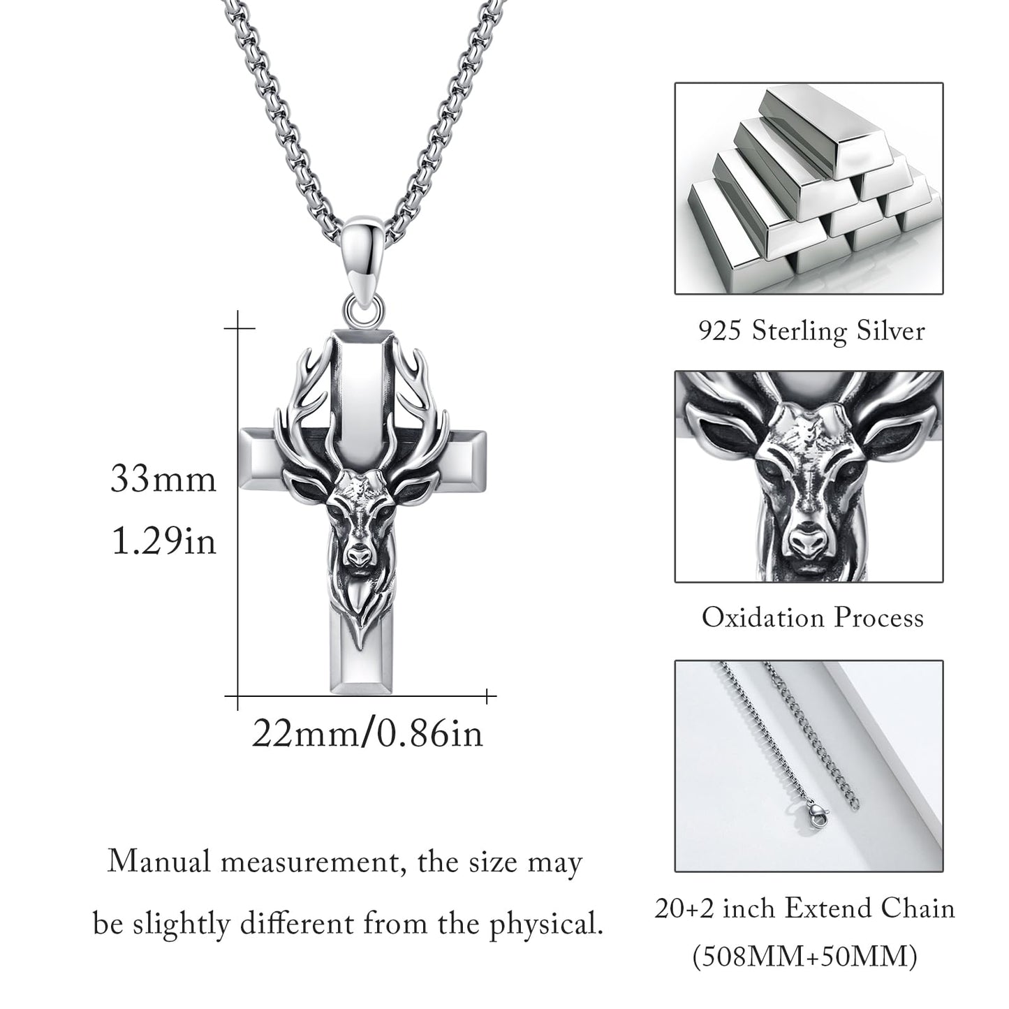 YEESIA Cross Necklace for Men Women, 925 Sterling Silver, Deer Cross Pendant Necklace, Christian Jewelry, Gift for Men Women