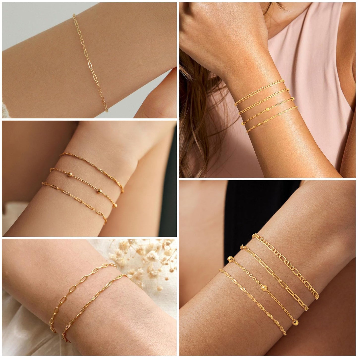 Gold Bracelets for Women, Dainty 14K Gold Plated Bracelet Stack for Women Trendy CZ Tennis Paperclip Cuban Chain Stackable Adjustable Waterproof Link Bracelet Jewelry Set Fashion Accessories Gifts