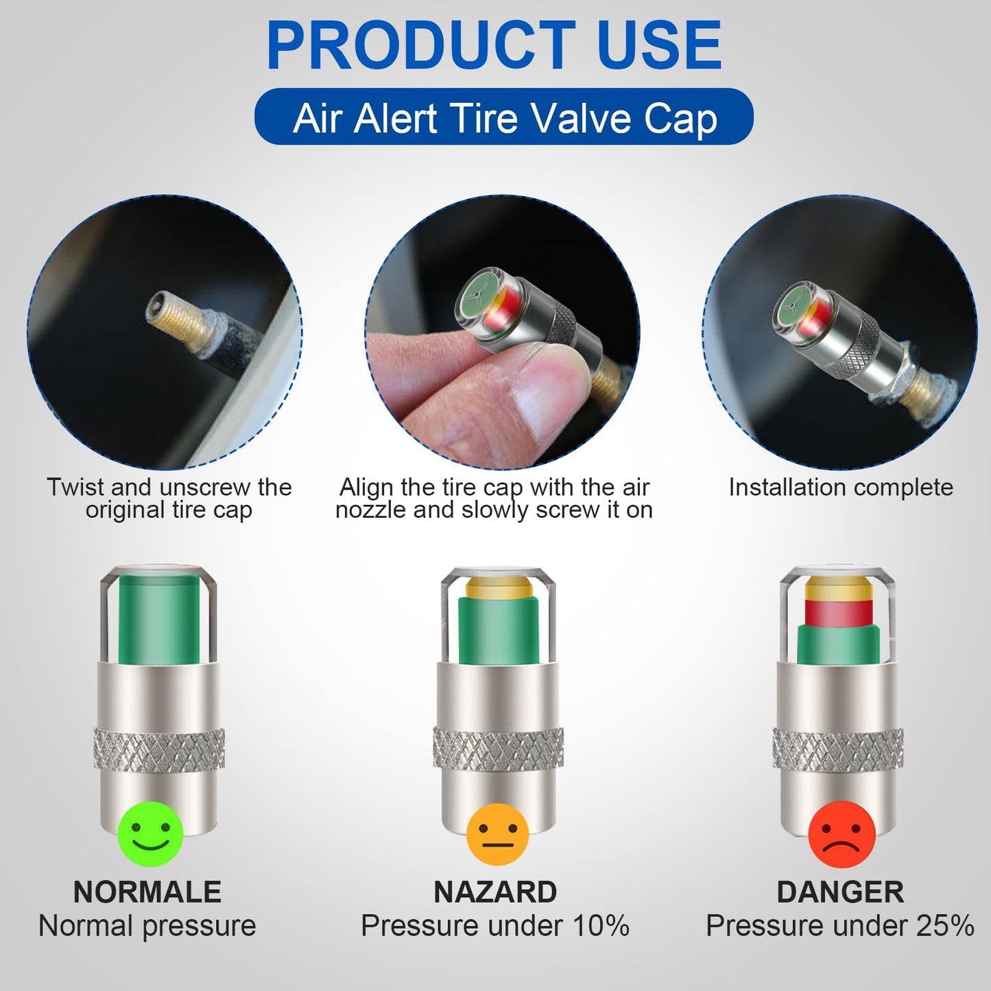 ST Shengtuo 2.5-2.8bar/36-40 PSI Car Tire Pressure Monitor Valve Stem Caps Sensor Indicator Easy to Read 3 Color Eye Alert, Aluminum Alloy CNC Machining, Pack of 4
