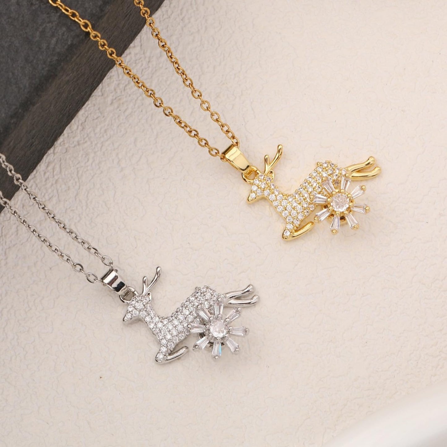 KONPJE Sunflower Fidget Necklace for Women Gold Moon Necklace Rotating Heart Necklaces Spinning Crystal Flower Anxiety Necklaces Crescent Moons Jewelry Accessories (Silver Deer)
