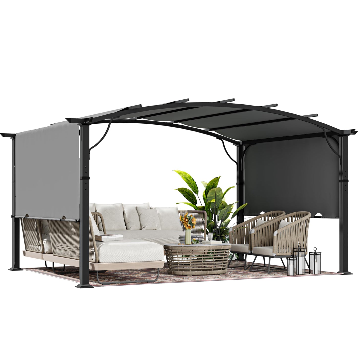 HAPPATIO 12' x12' Outdoor Retractable Pergola, Aluminum Pergola with Canopy Fixed in Various Positions, Arched Roof with Sun Shade Canopy Metal Frame for Backyards, Gardens, Patios (Grey)