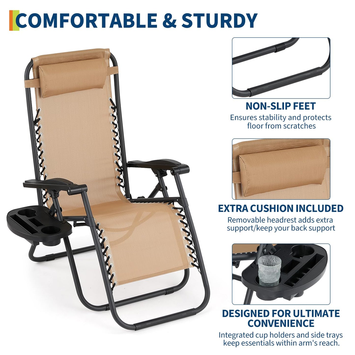 Patio Lounge Chairs Set of 2, Outdoor Recliner with Side Tray & Headrest - Heavy Duty Steel Mesh Folding Chairs, Adjustable Portable Camping Lawn Chairs for Poolside, Beach, Backyard, Deck