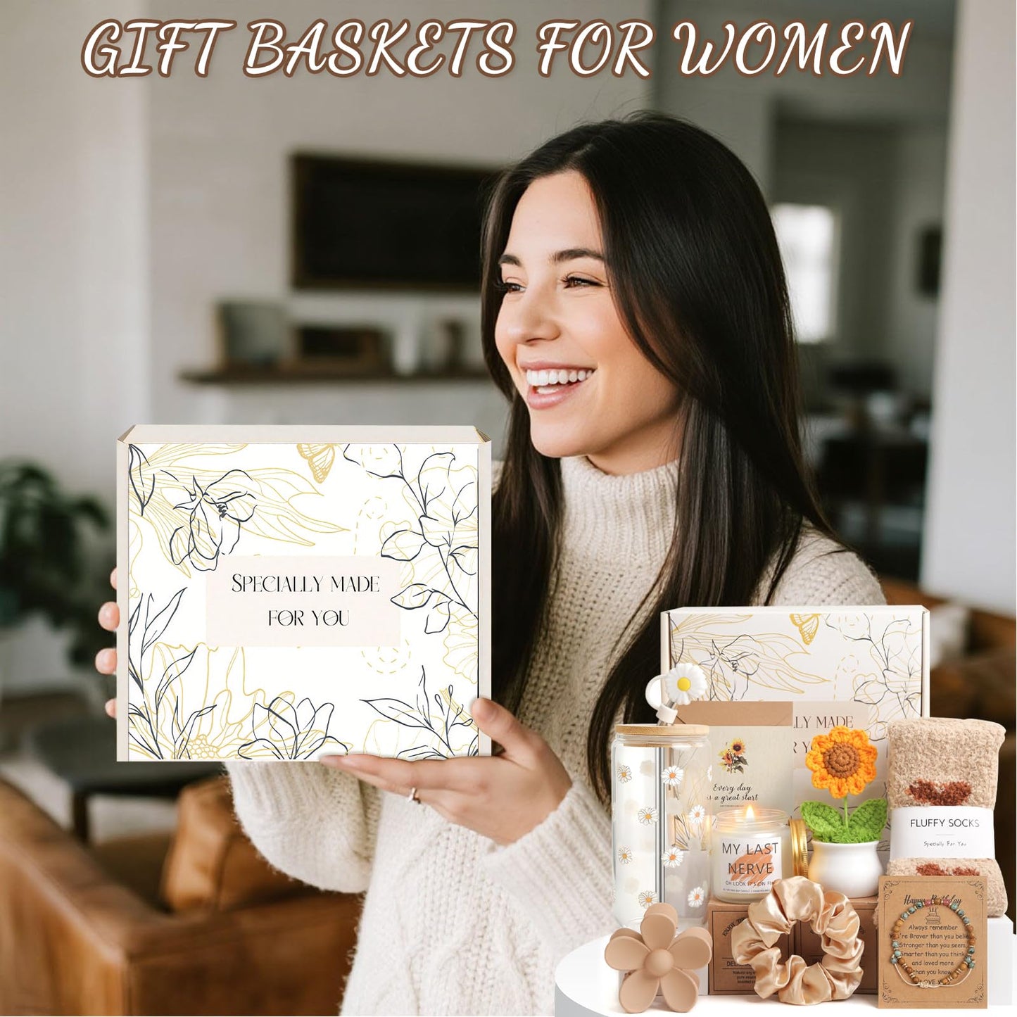 Birthday Gifts for Women, Teen Girls, Her, Unique Happy Birthday Gift Baskets for Best Friend Sister Daughter, Women Mother Gifts Box for Girls Wife Girlfriends, 10pcs Cute Daisy Gift Set(Brown)