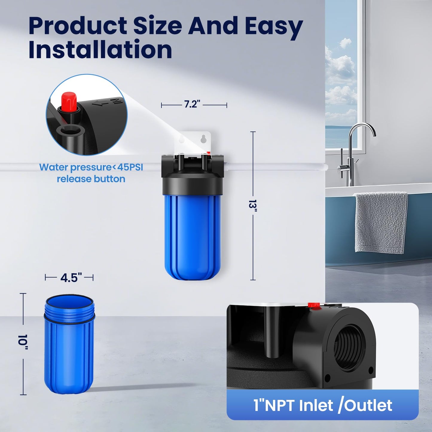 Anti Scale Whole House Water Filter System, Pipeline Prevent Scale Whole House Water 10" x 4.5" Filter, with 80,000 Gallons Capacit, 1" Inlet/Outlet, Reduces Scale Water Filters