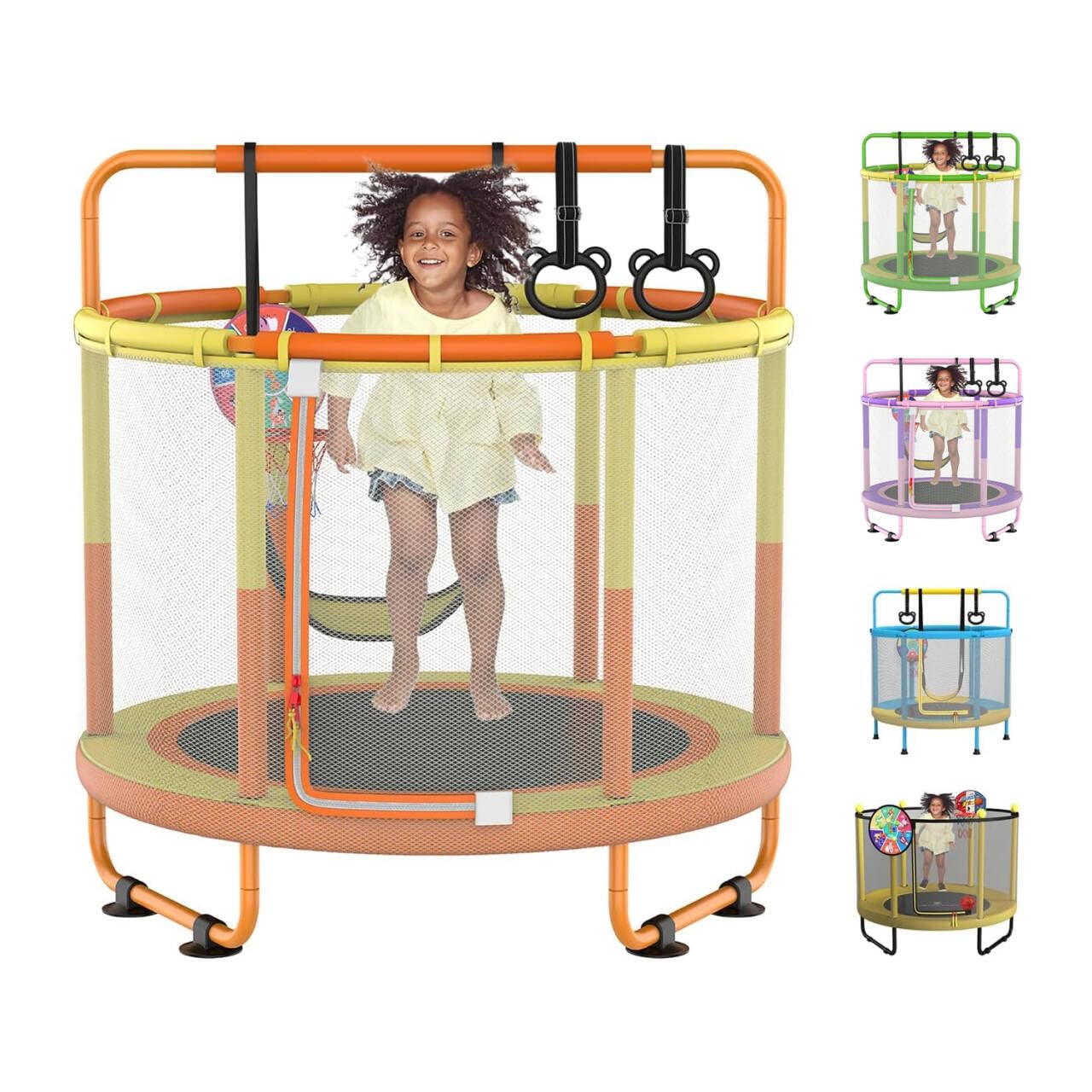 LANGXUN 60" Trampoline for Kids, 5ft Toddler Mini 6-in-1 Trampoline Indoor Outdoor with Swing, Basketball Hoop, Dart Board, Rings, Christmas Toys Birthday Gifts for Girls Boys
