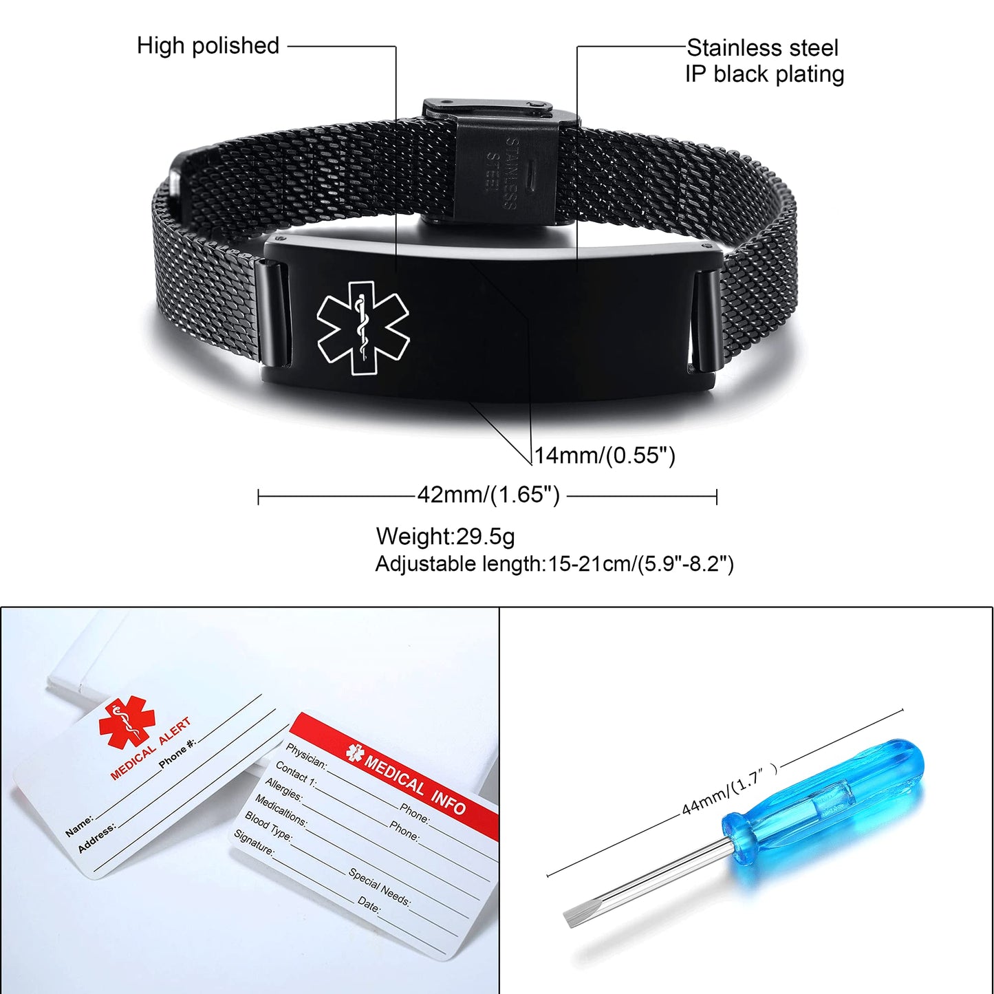VNOX Medical Alert Bracelets for Men & Women with Free Engraving Adjustable Stainless Steel Mesh Emergency Medical ID Bracelets Wristband,Black