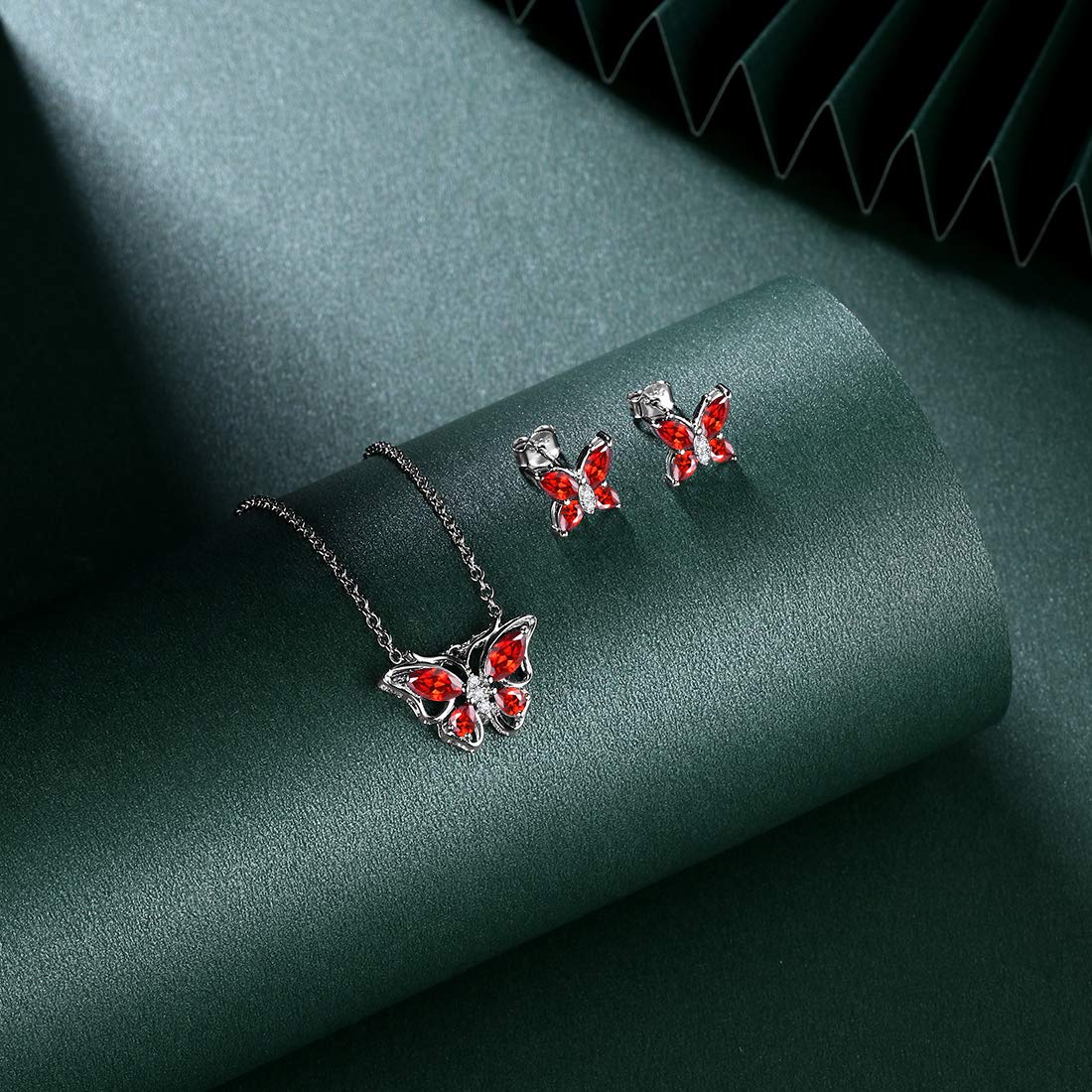 Hipunk Butterfly Red Jewelry Sets Birthstone Women 925 Sterling Silver January-Garnet Birth Stone Animal Butterflies Jewelry Sets/Earring Set Crystal Birthday Jewelry SS0001J