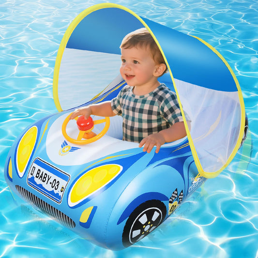 Baby Floaties for Infants with Canopy: Qoosea Baby Pool Float with UPF50+ Sun Protection & Toy Play Steering Wheel Baby Swimming Float with Patch Kit for Babies Baby Float for 18-48 Month