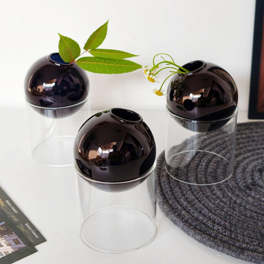 3-Pack Modular Black Glass Vase Set | Minimalist Aesthetics Bud Vase & Desktop Glass Planter with Clear Stand, Small Flower Vase