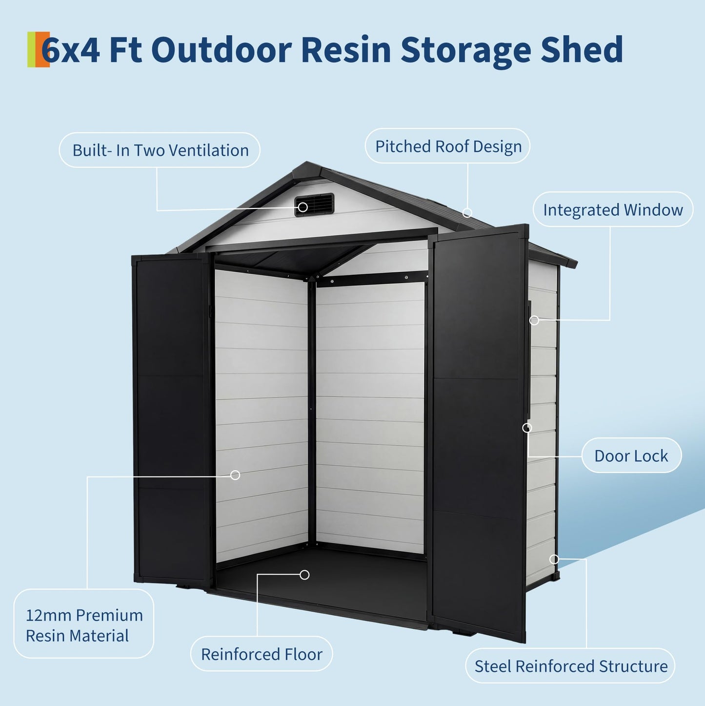 6x4 FT Outdoor Storage Shed with Floor, Plastic Resin Garden Shed with Window & Sloping Roof & Lockable Door for Patio Backyard Garden, Lawn Mower, Bike, Tool Storage