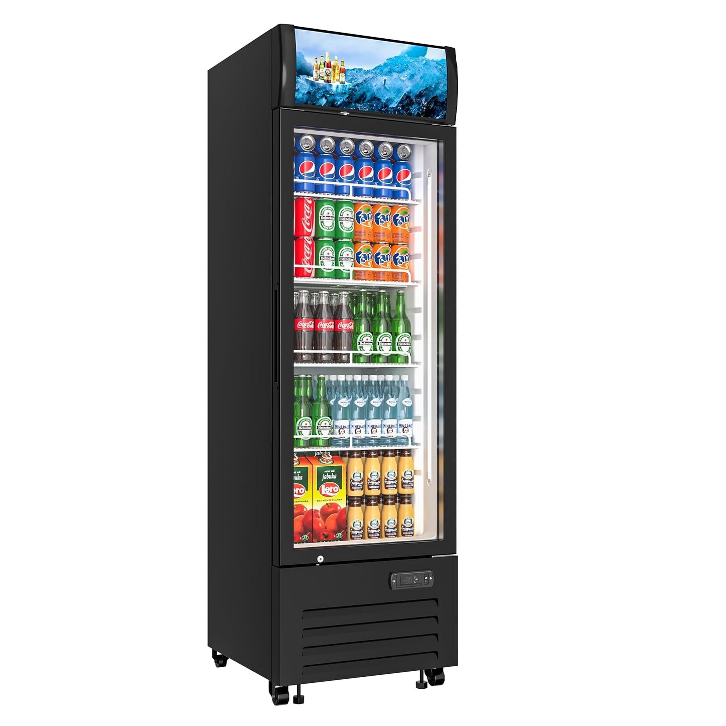 Rockitch Commercial Beverage Refrigerator with 1 Glass Door, 12.3 Cu.ft Commercial Upright Display Merchandiser, Drink Cooler Fridge with LED Light, Lock Wheels for Bar, Shop, ETL Approved
