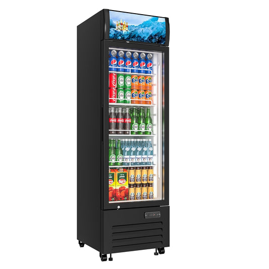 Rockitch Commercial Beverage Refrigerator with 1 Glass Door, 12.3 Cu.ft Commercial Upright Display Merchandiser, Drink Cooler Fridge with LED Light, Lock Wheels for Bar, Shop, ETL Approved