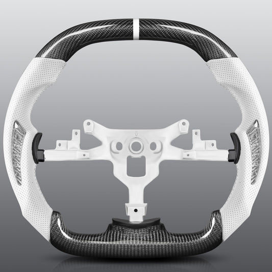 TESFEEL Real Carbon Fiber Steering Wheel for Chevy Corvette C6 2006-2011, Double D-Shape Flat Top & Bottom, White Nappa Leather with Silver Carbon Inlays, Fits for Base/Z06/ZR1/Grand Sport