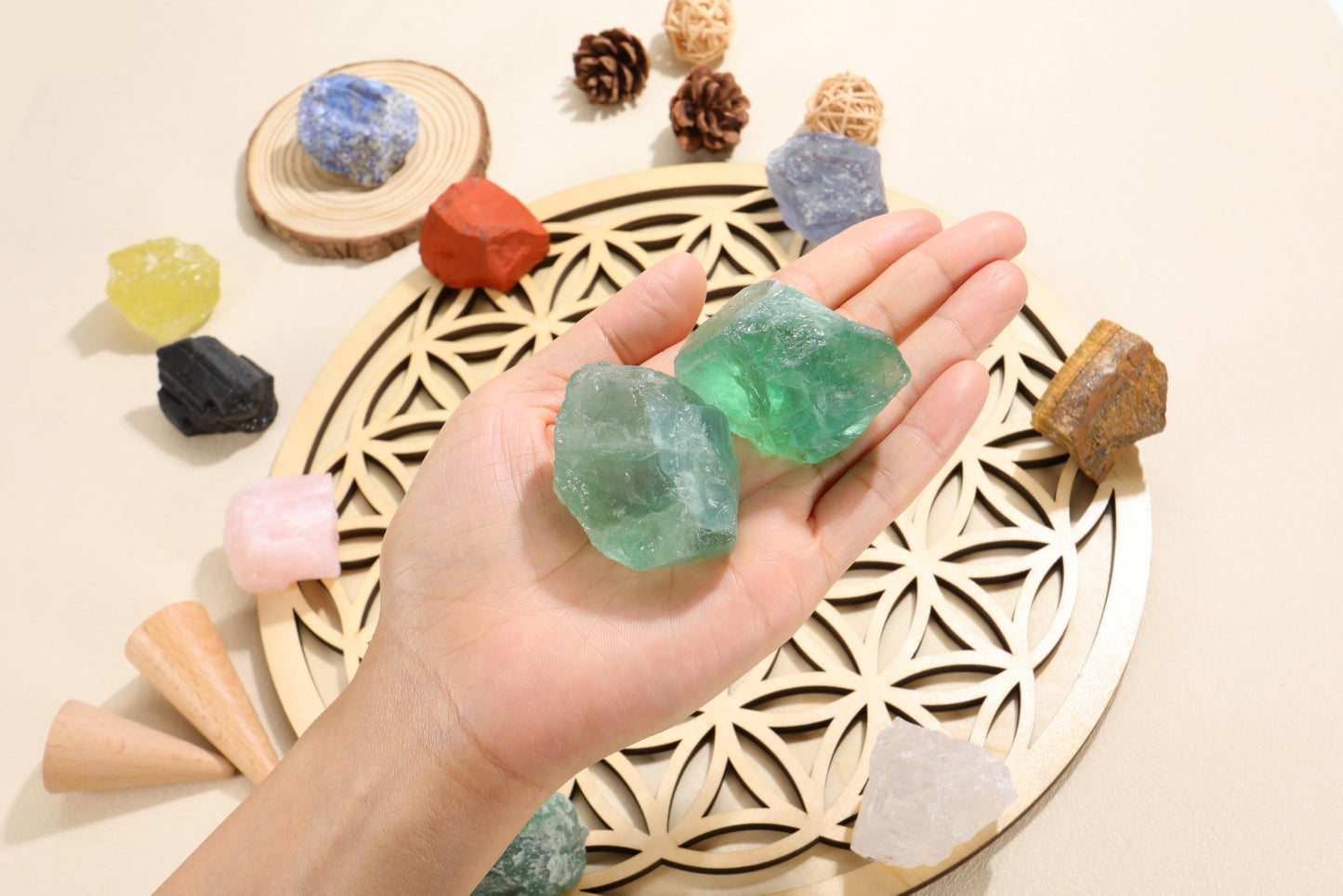 Jovivi 2pcs Raw Green Fluorite Crystals,Large 1.6-2.2" Healing Crystals Natural Rough Stones Crystal for Tumbling, Cabbing, Home Decoration, Polishing, Wicca & Reiki