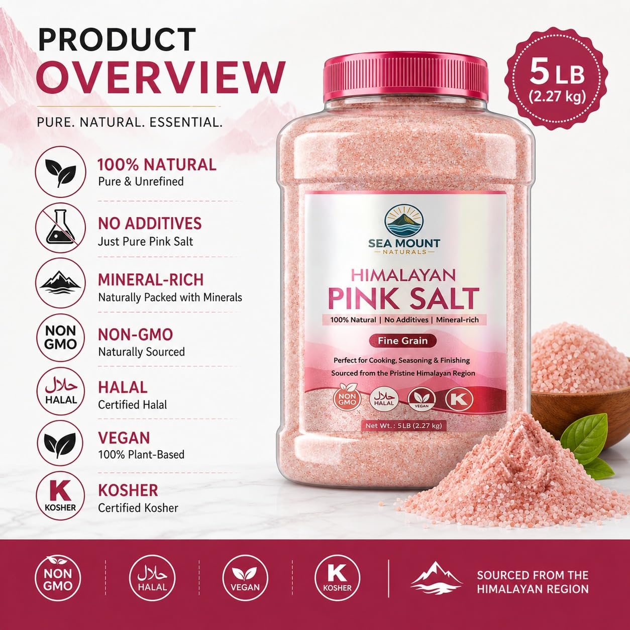 Himalayan Pink Salt Fine Grain 80oz (5 Pound), Kosher Certified, Non-GMO, Pure Mineral-Rich Pink Himalayan Sea Salt, For Cooking, Seasoning, Baking & Table Salt - Sea Mount Naturals