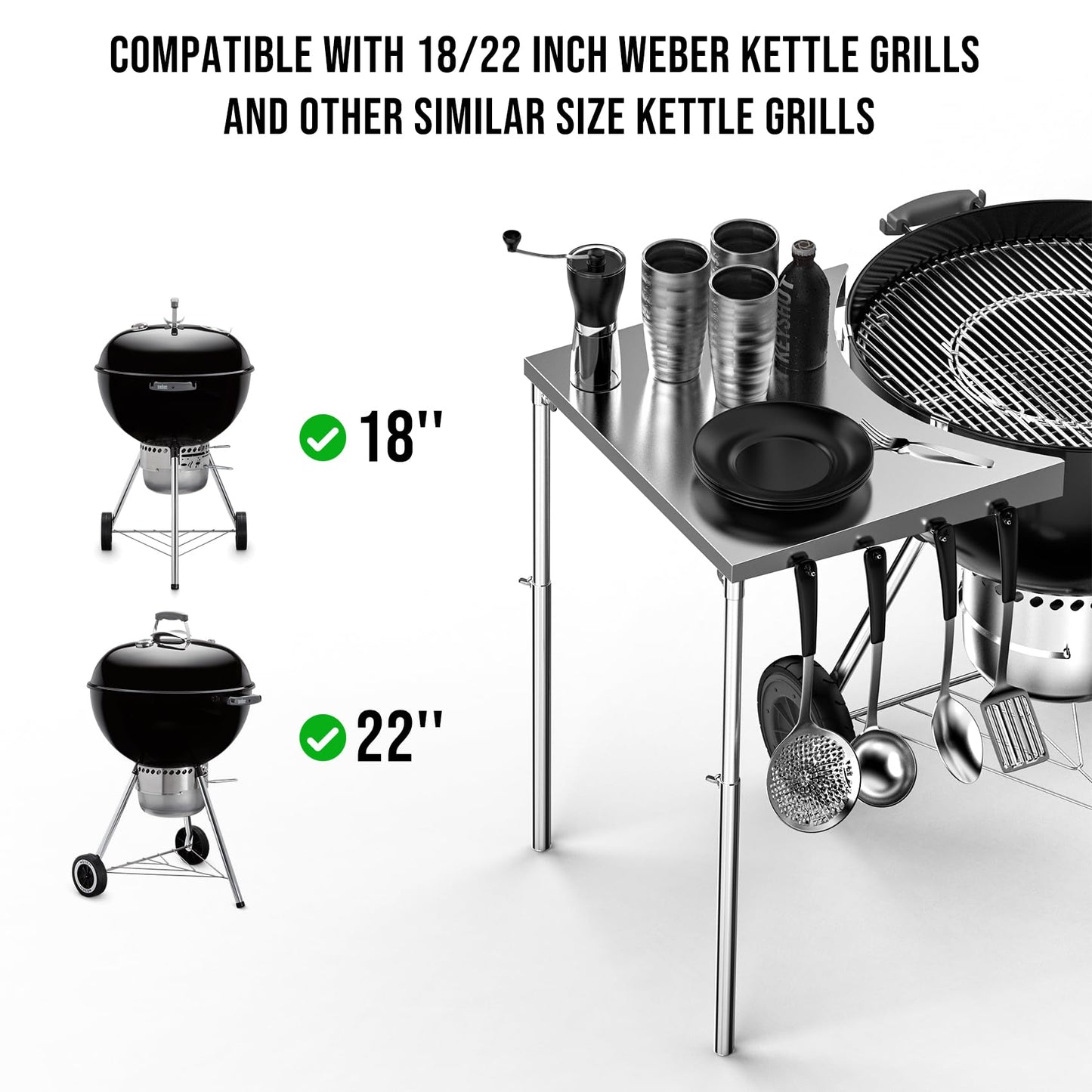 Charkettle Stainless Steel Kettle Grill Side Table/Shelf, Compatible with Weber 18"/22" Grills, Charcoal Kettle Grill Accessories with Adjustable Height