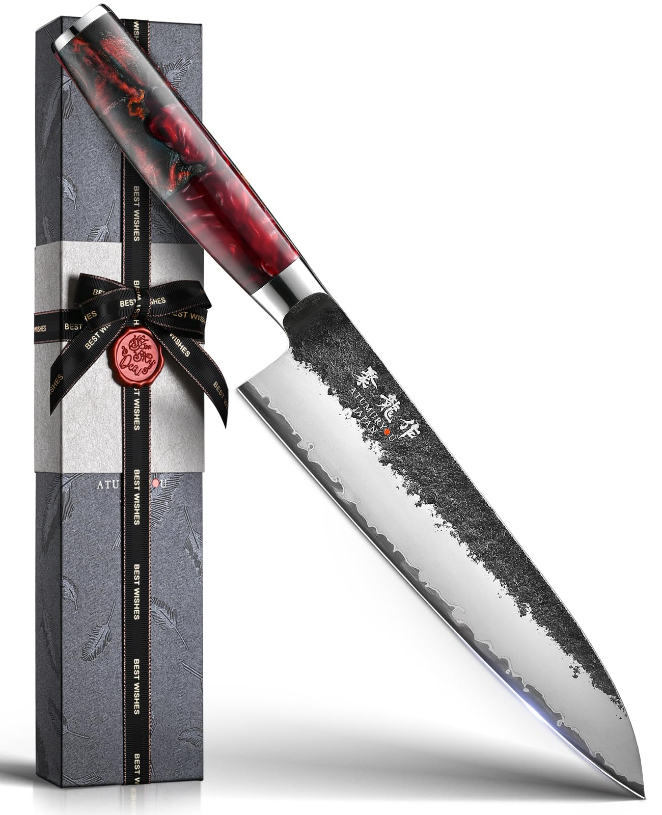 Japanese Chef Knife, 8 Inch Hand Forged Kitchen Knives with VG10 Core, Professional Gyuto Knife for Home & Restaurant, Sanmai Chefs Knives with Ergonomic Red Handle, Cooking Gifts for Men Women