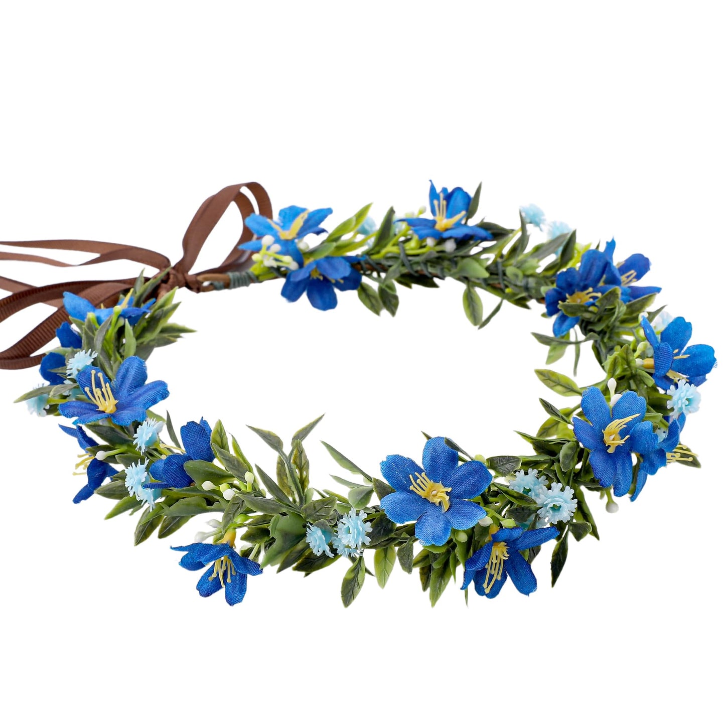 KorViSHOW Fairy Blue Flower Crown, Artificial Boho Floral Headpiece, Elf Forest Flower Headband with Ribbon for Women Girls Renaissance Faire Cosplay Birthday Wedding Festival Party Hair Accessory