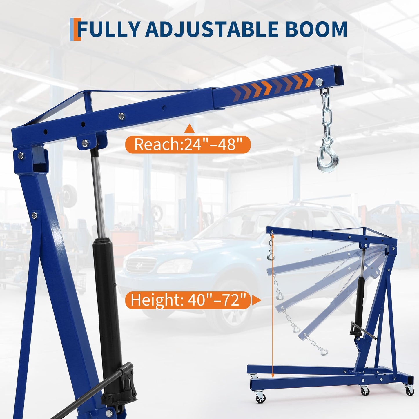 GarveeTech Engine Hoist Cherry Picker, 2 T Folding Hydraulic Engine Hoist with Telescopic Boom & 6 Casters, Heavy Duty Shop Crane Lifting Cherry Picker for Workshops Garage, Blue