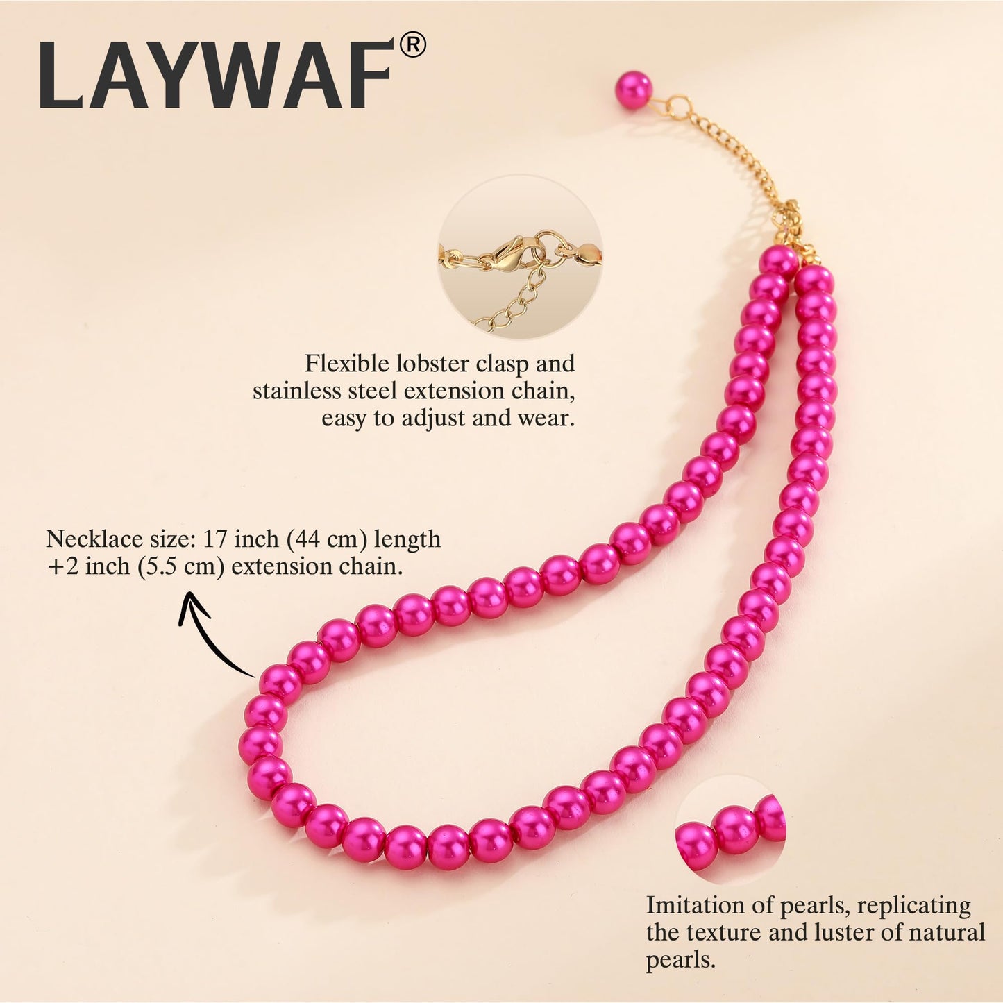 LAYWAF Imitation Pearl Fuchsia Hot Pink Necklace for Women, Fake Pearl Choker, 8MM Beaded Necklace, Simple Dainty Faux Pearl Jewelry for Mom Wedding, Costume Pearl Accessories