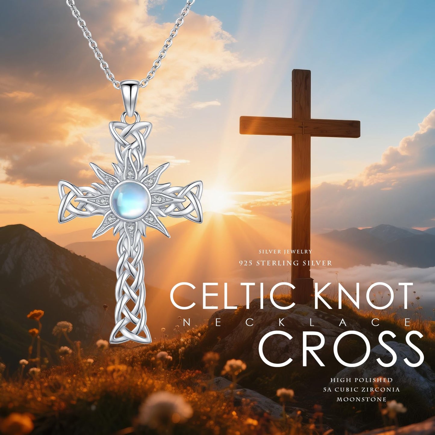 YEESIA Cross Necklace for Women 925 Sterling Silver Sun Crucifix Pendant Necklace Moonstone Celtic Cross Jewelry Mothers Day Gifts for Women Wife Sister