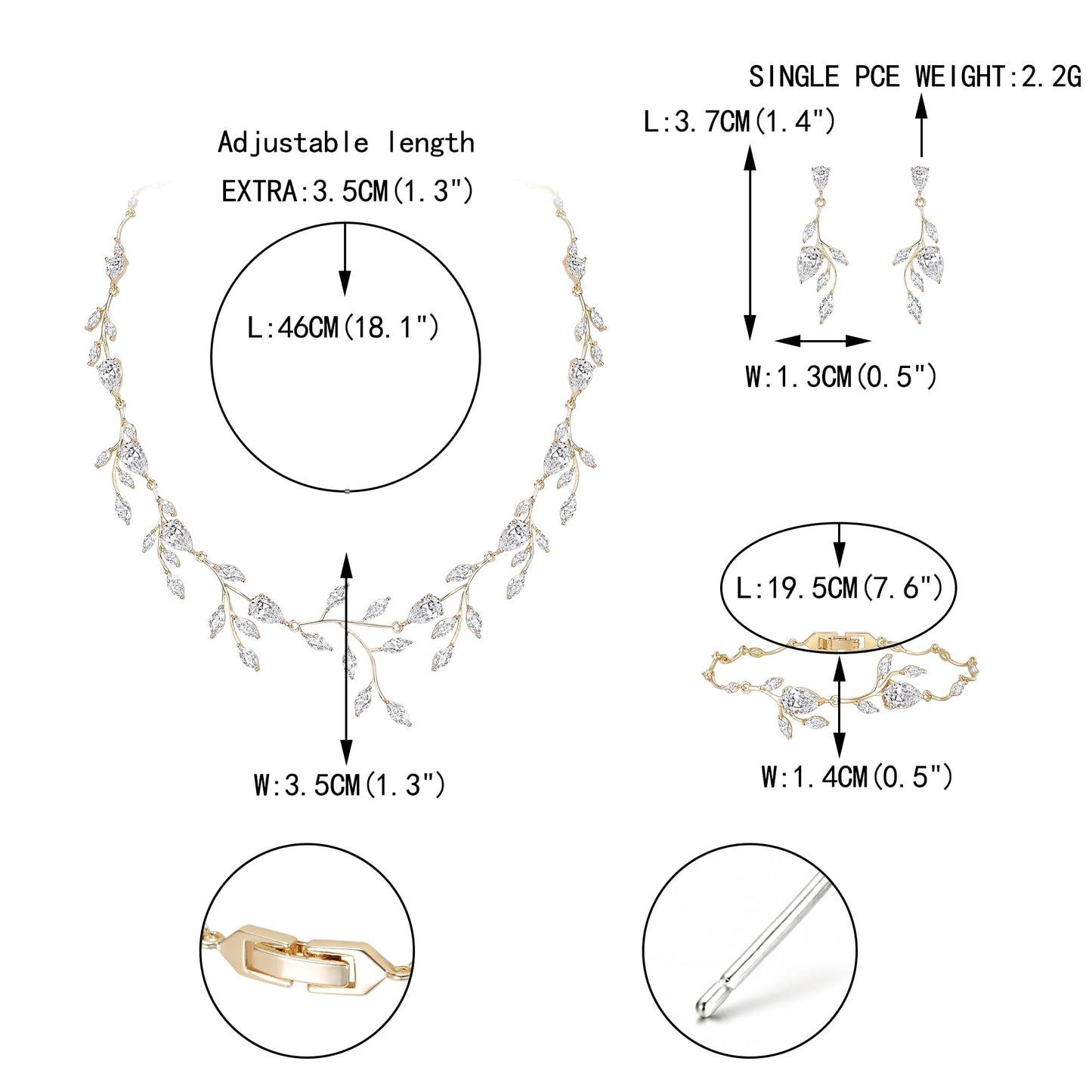 EVER FAITH Wedding Jewelry for Bride Women Bridesmaid, Sparkly Cubic Zirconia Pear-Shaped Birthstone Leaf Necklace Earrings Bracelet Set for Prom Clear Gold-Plated-Brass
