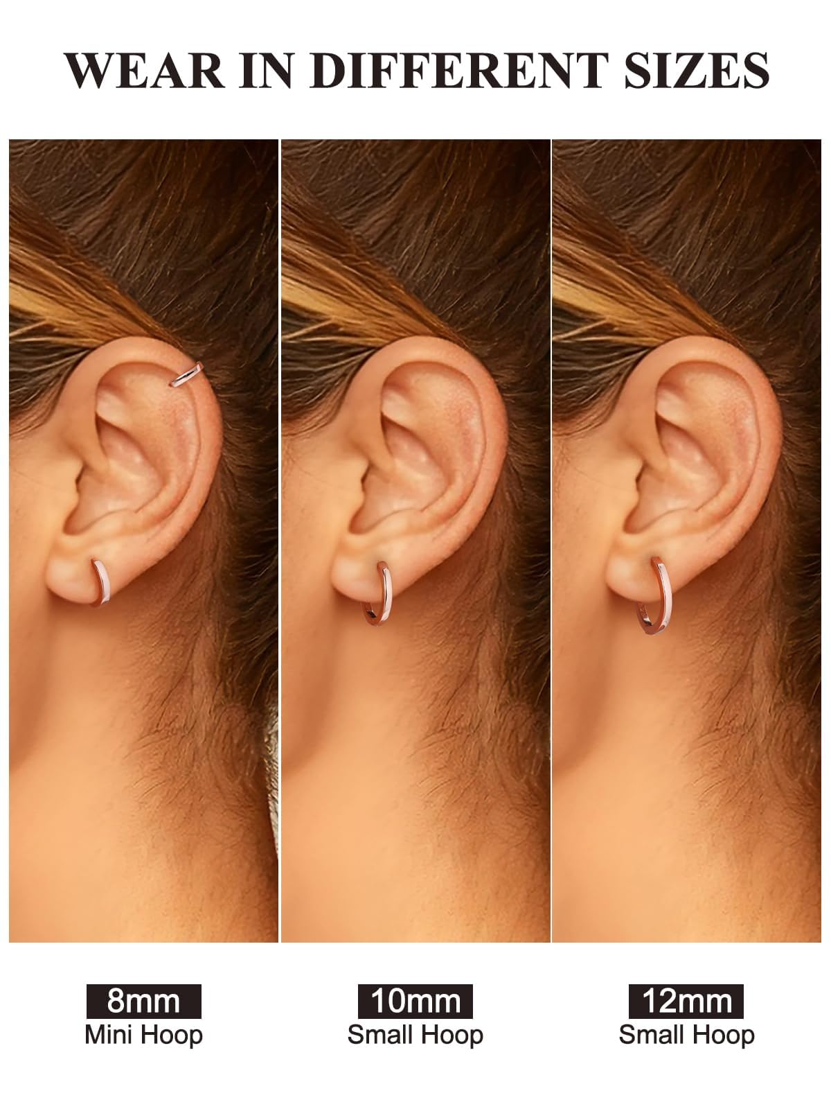 SILVERCUTE 925 Sterling Silver Huggie Hoop Earrings for Women,Hypoallergenic Rose Gold Small Hoop Earring Cartilage Earring Lightweight Huggies Earrings for Women,8/10/12mm