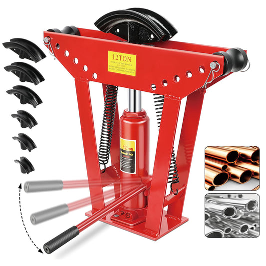 Hydraulic Pipe Bender, 12 Ton Manual Copper Pipe Bender, 90°-180° Adjustable Rollers Hydraulic Tubing Bender with 6 Dies for Steel Iron Metal Ratcheting