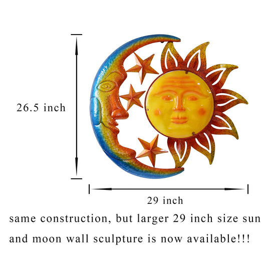 BVLFOOK Metal Larger Size 32 Inch Sun Outdoor Wall Art Decor with Moon & Stars,Hanging for Valentine Patio Garden Fence Deck Yard Pool Wall Sculpture Decoration for Living Room Bedroom