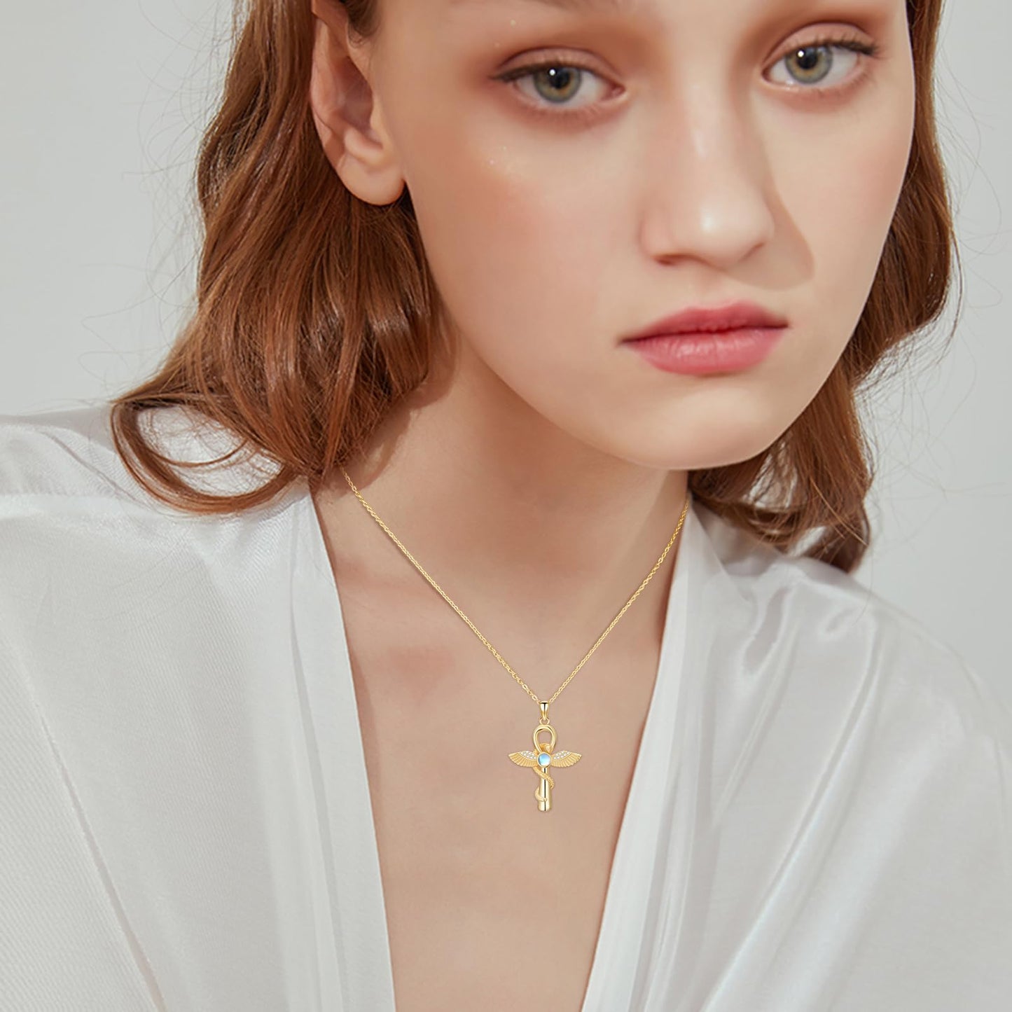 YEESIA Cross Necklace for Men Women, 925 Sterling Silver, Gold Anka Cross Pendant Necklace with Moonstone, Egyptian Protective Jewelry Gift for Men Women