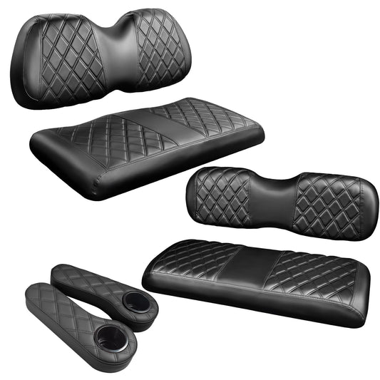 NOKINS 4PCS Golf Cart P Front and Rear Diamond Seat Covers and Golf Cart Rear Armrest with Cup Holder Kit (Fits 1-inch Square Tube) for Club Car Precedent Original Regular Seat Cushion(Black)