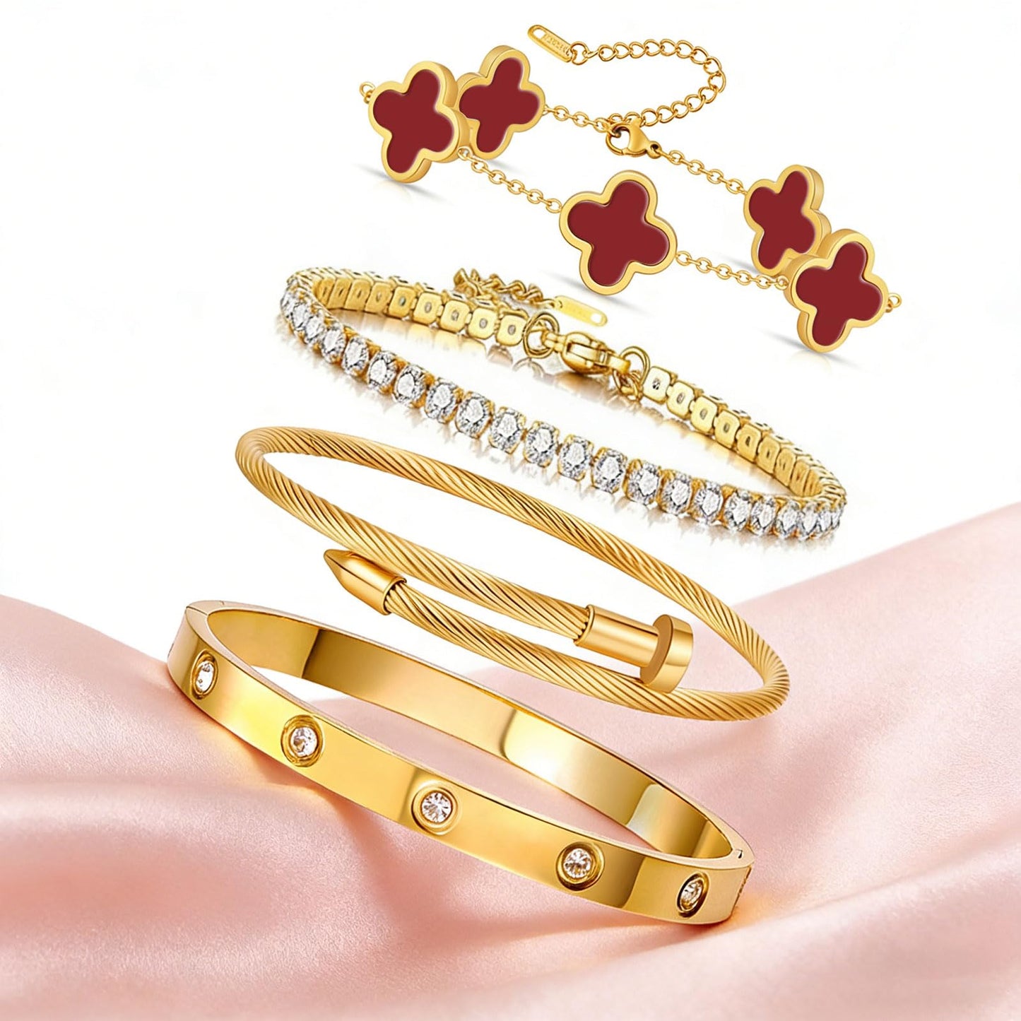 Gold Bracelets for Women, 18K Gold Plated Women Tennis Bracelets Clover Nail Love Bangle Bracelet Set, Gold Bracelet Stackable Set Trendy Jewelry, Gifts for Women's Day and Mother's Day (12-Color- 4 Red)