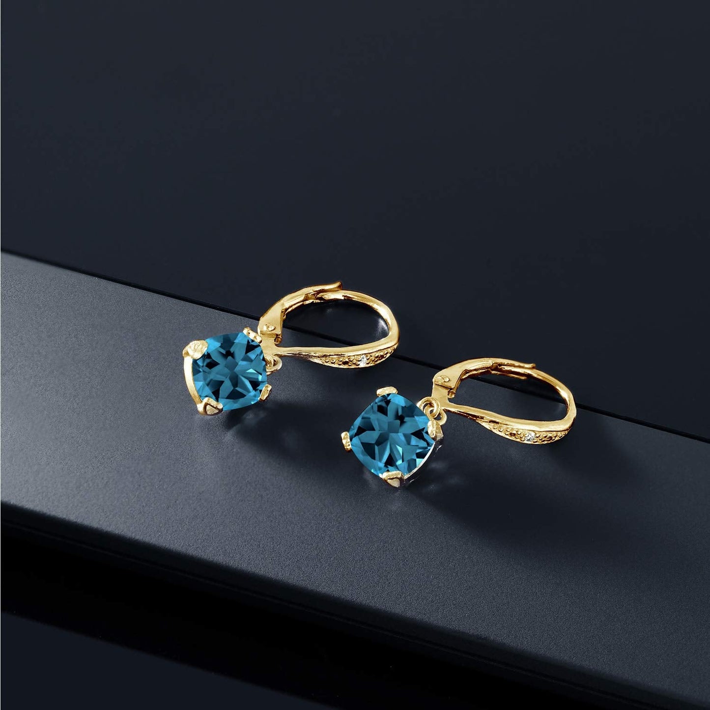 Gem Stone King Drop Dangle Earrings For Women | 7MM Cushion Cut Gemstone Birthstone and Diamond | 925 Sterling Silver | Jewelry Gift for Mom Wife Her | London Blue Topaz-November | Yellow Gold