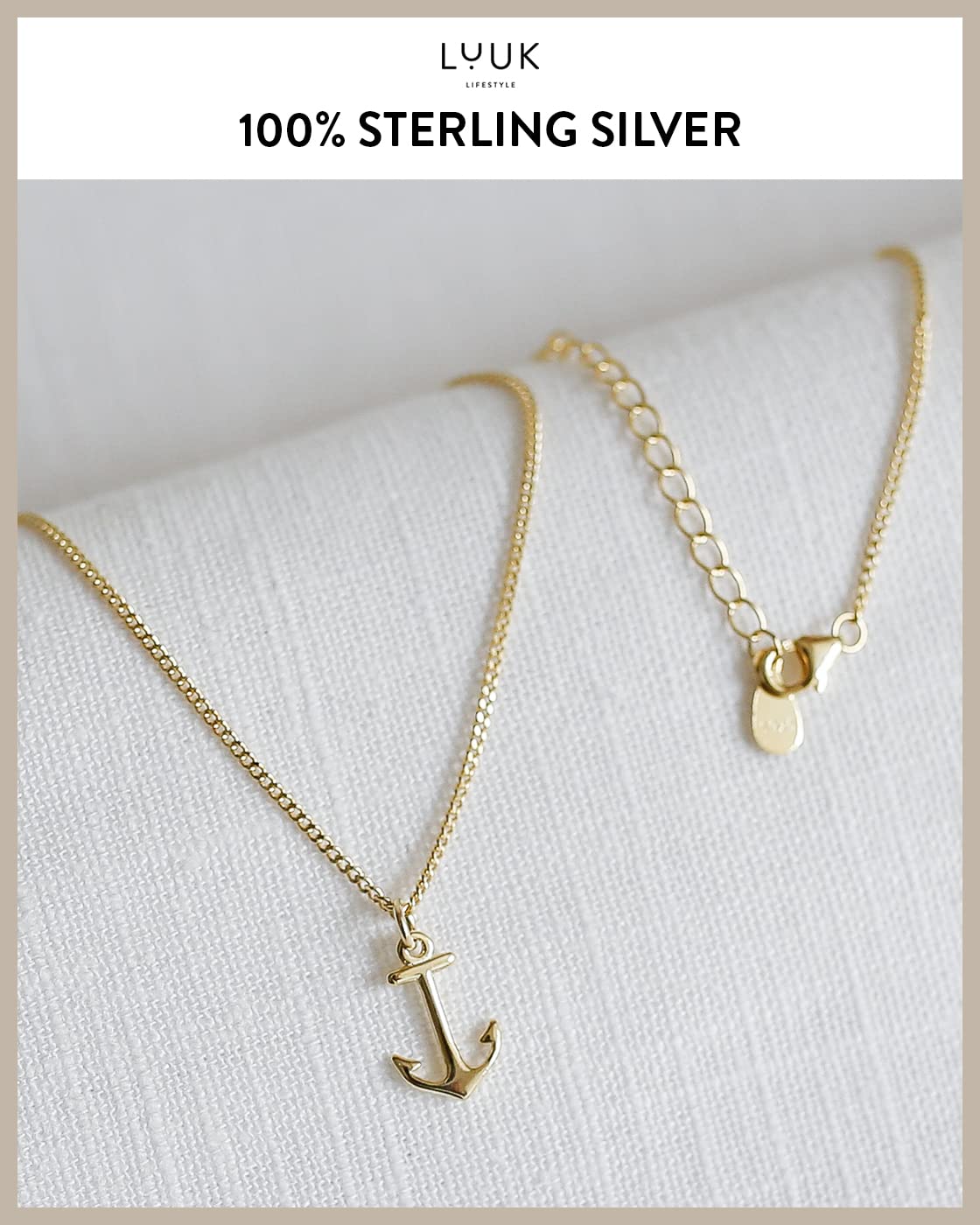 LUUK LIFESTYLE Necklace and HAPPINESS gift card, 925 sterling silver, with anchor pendant fashion jewelry for everyday life, beach, water resistant, nautical and maritime motif, gold