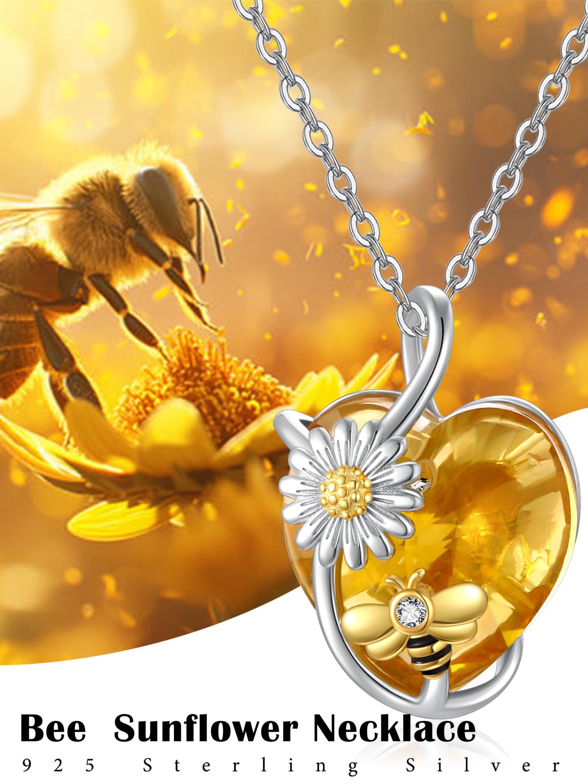AENEAS Valentines Day Gifts for Women Her Bee Necklace 925 Sterling Silver Daisy Honey Bee Pendant Necklace with Love Heart Citrine Crystal Jewelry for Birthday Christmas Anniversary