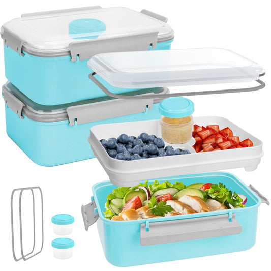 3 Pack Salad Lunch Box Food Storage Containers, 47oz Bento Box To Go Container with Lids, Meal Prep Containers with Removable Tray & Dressing Pots for Kids and Adults, Reusable and Microwave Safe