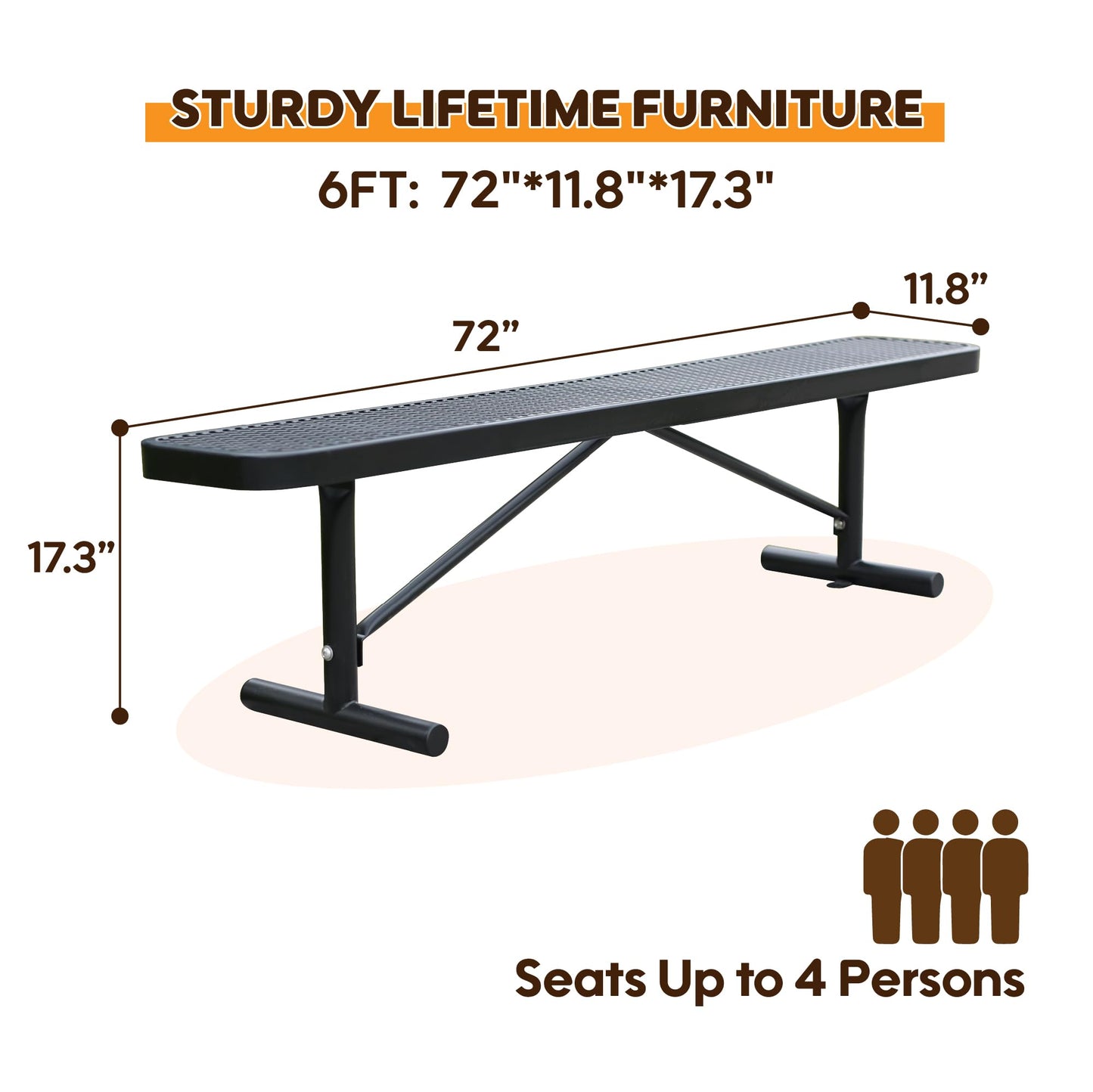 Congfutt 6FT Metal Park Bench for Outside, All-Weather Thermoplastic Coating Outdoor Bench with Anchor, Commercial Heavy Duty Benches for Shopping Malls, Stores, Parks, Patios, Decks, Black