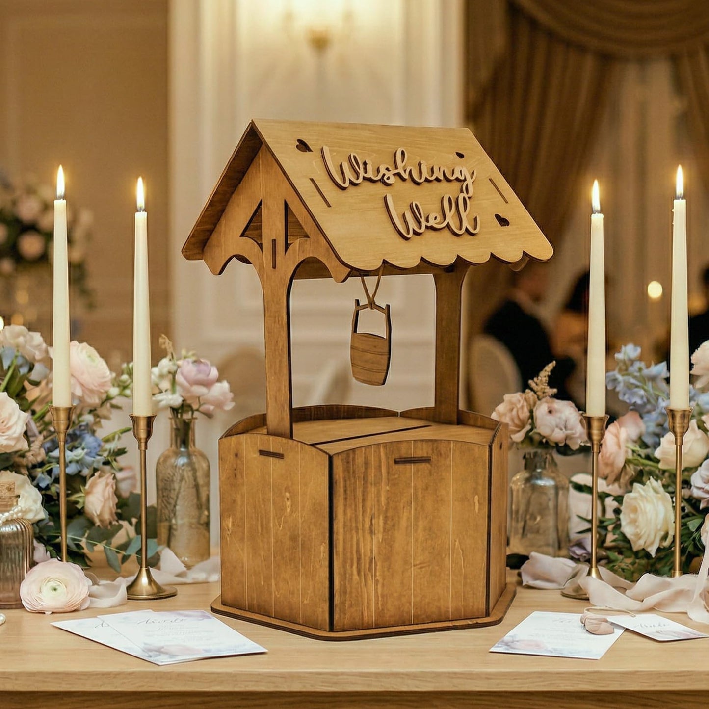 OurWarm Brown Wood Wishing Well Wedding Card Box for Reception, Rustic Wooden Boxes Money Gift Card Box for Party Wedding Decorations Birthday & Baby Shower Decor