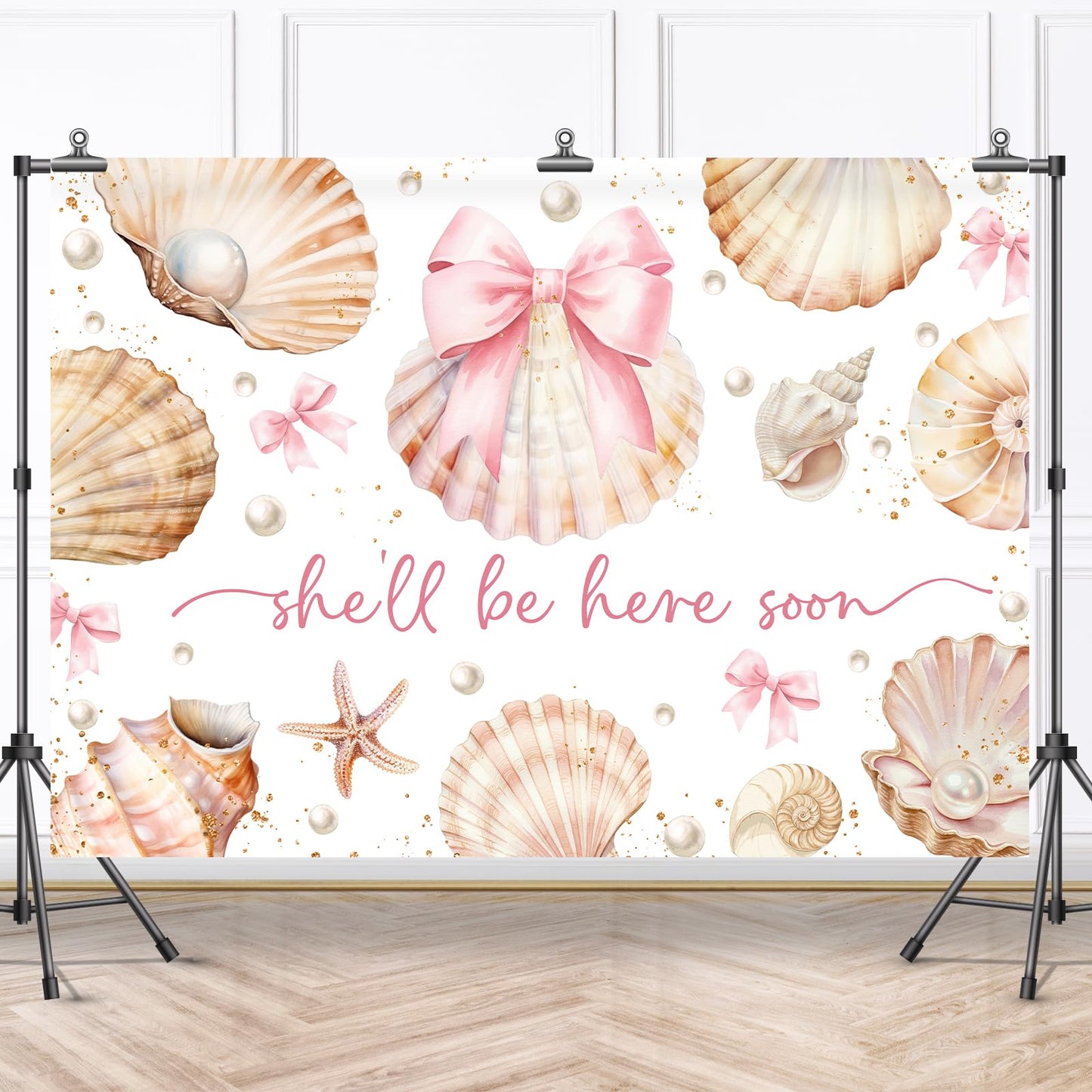 Bcuuipo Shell Themed Baby Shower Backdrop She'll Be Here Soon Pink Bowknot Pearl Seashell Photography Background for Girls Newborn Baby Shower Party Decoration Supplies Banner Photo Booth Props 7x5ft