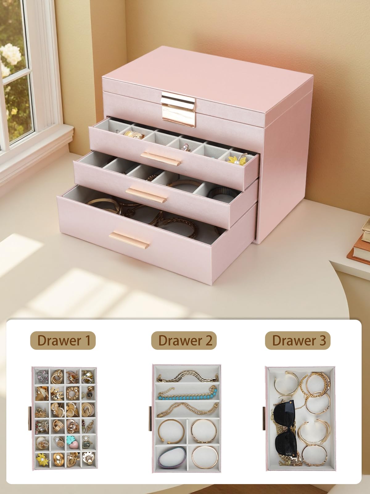 BOOVO Jewelry Boxes for Women, 5 Layer Jewelry Organizer with Necklace Hanger and Drawers, Large Jewelry Box for Earrings, Necklace and Bracelet Storage Gifts for Women and Girls (Rose Gold, 5 Layer)