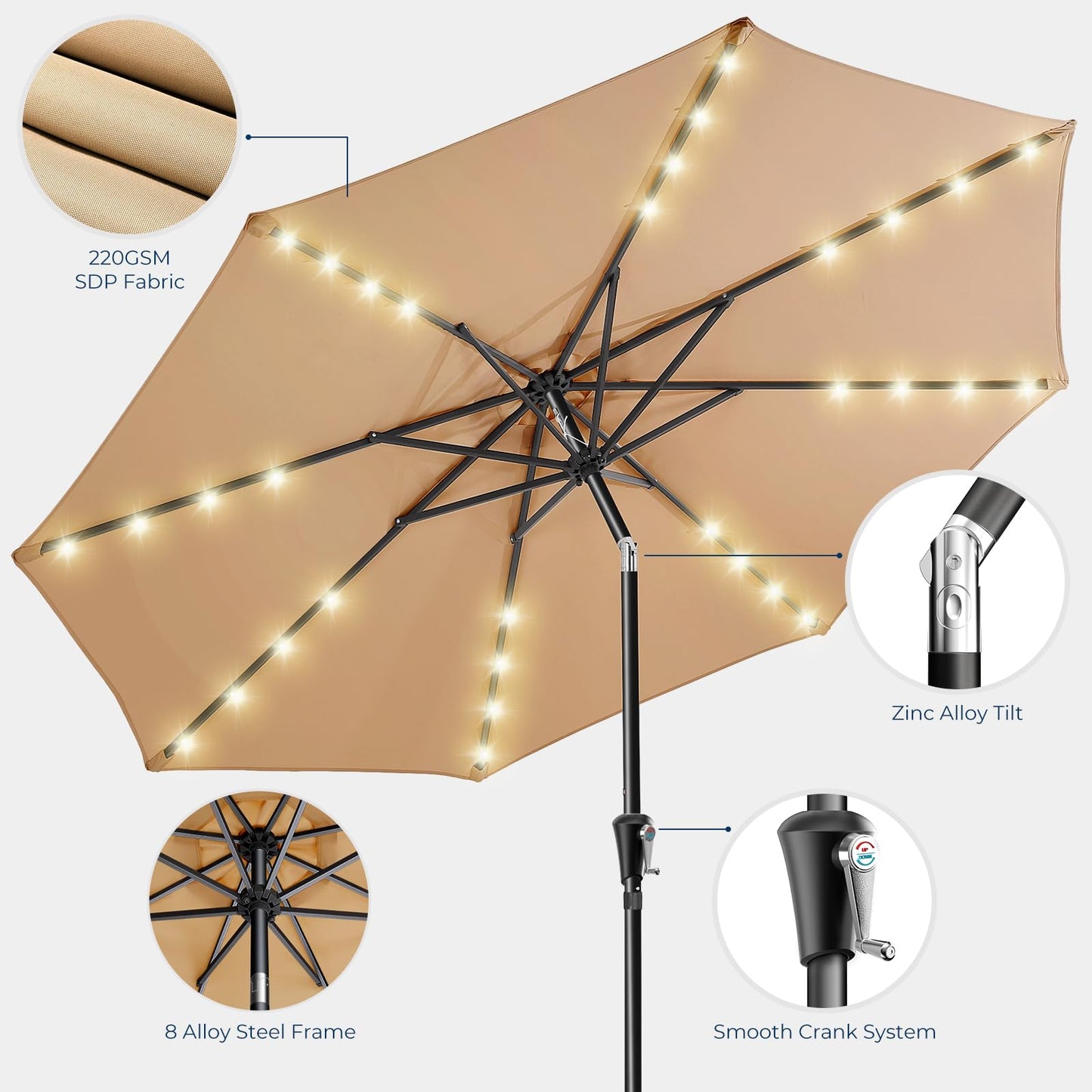 HOMSHADE 9ft Solar Patio Umbrella - Solar Lights LED Lighted Outdoor Market Table Umbrella, UPF50+ UV Protection with Push Button Tilt, Crank for Pool Deck and Garden (Beige)