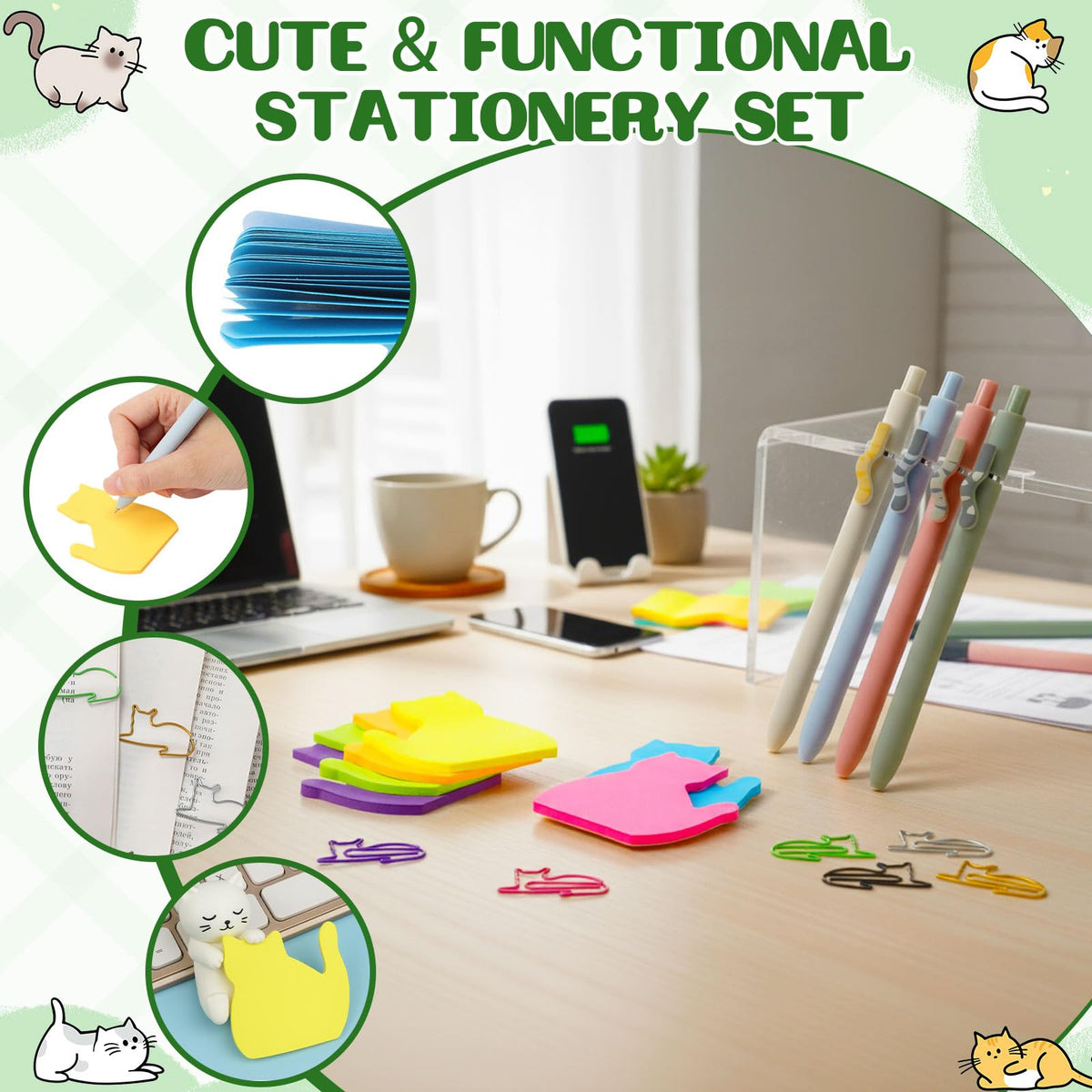 Cat Lover Gift Set for Women, 25 Pack with Tote Bag, Socks, Pens, Sticky Notes, Paper Clips and Crochet Coasters, Teacher Appreciation Gifts for Women, End of School Year