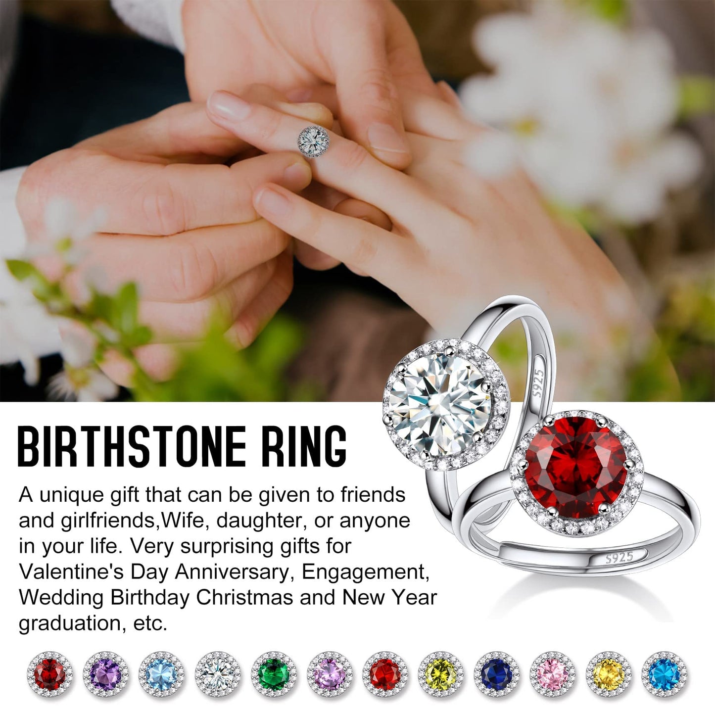 Bestyle Flattering June Alexandrite Round Crystal Rings Cubic Zirconia Rings for Women Dainty 925 Sterling Silver Hypoallergenic Adjustable Rings Size #6-#12